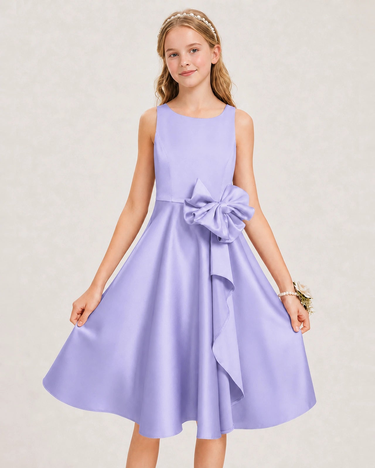 Lavender Satin Junior Bridesmaid Dress  Knee-Length A-Line Gown Detail View