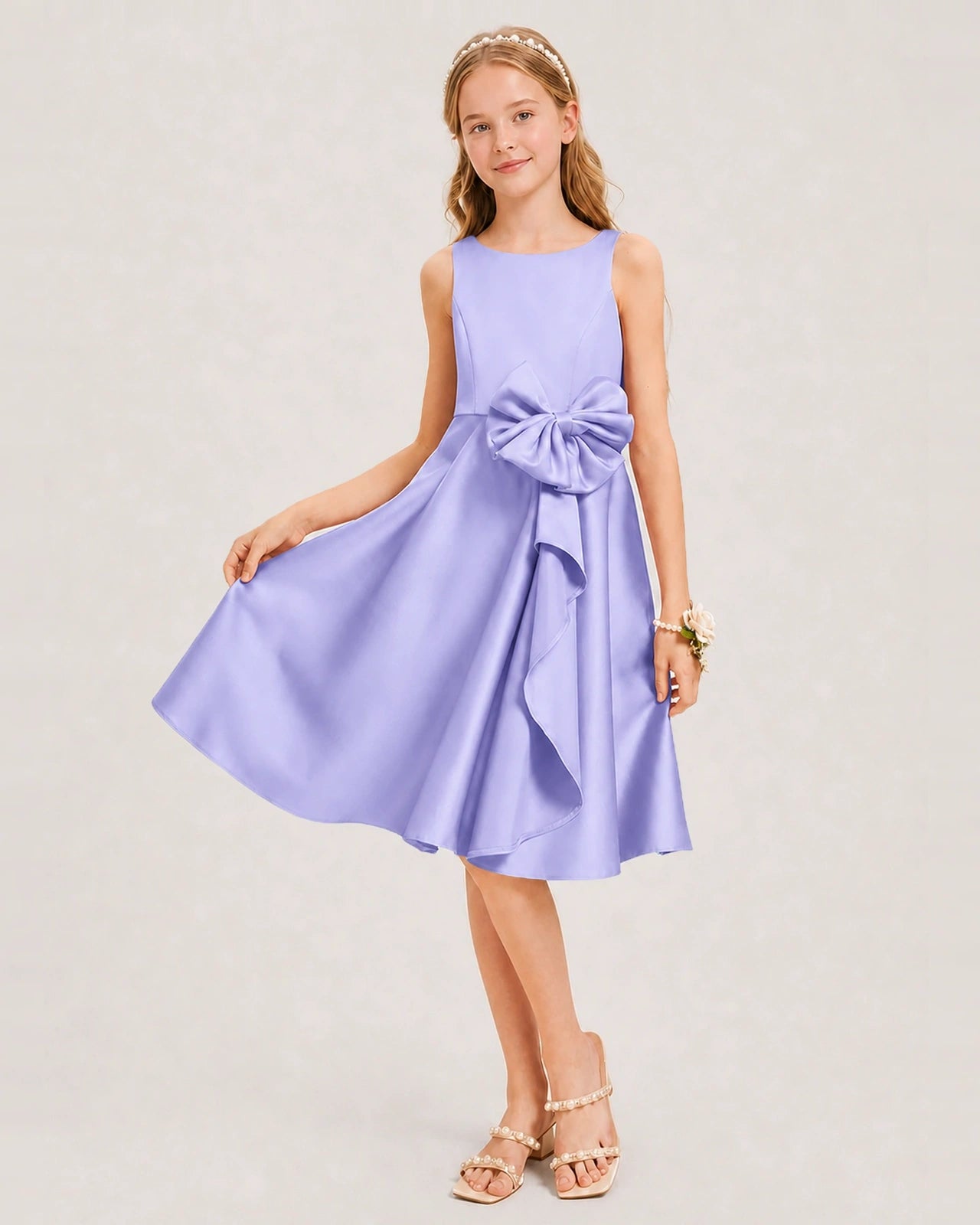 Lavender Satin Junior Bridesmaid Dress  Knee-Length A-Line Gown Front View