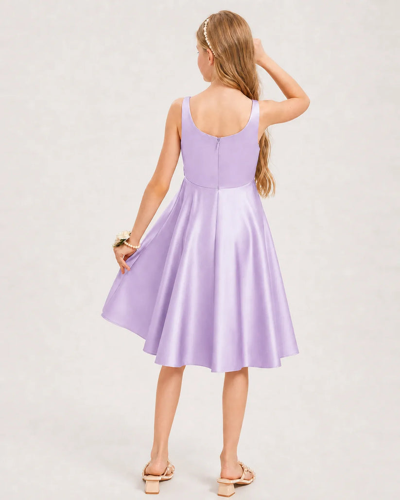 Lilac Satin A-line Junior Bridesmaid Dress Back View