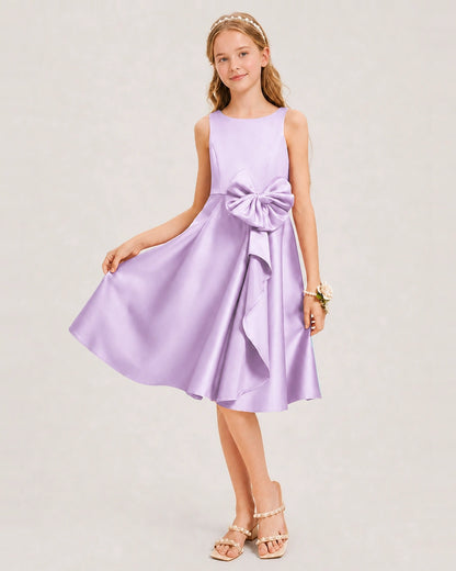 Lilac Satin Junior Bridesmaid Dress  Knee-Length A-Line Gown Front View