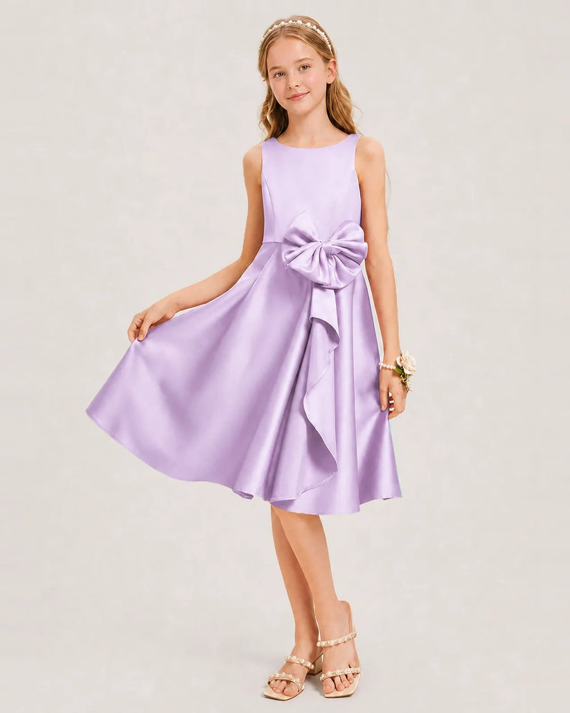 Lilac Satin A-line Junior Bridesmaid Dress Front View