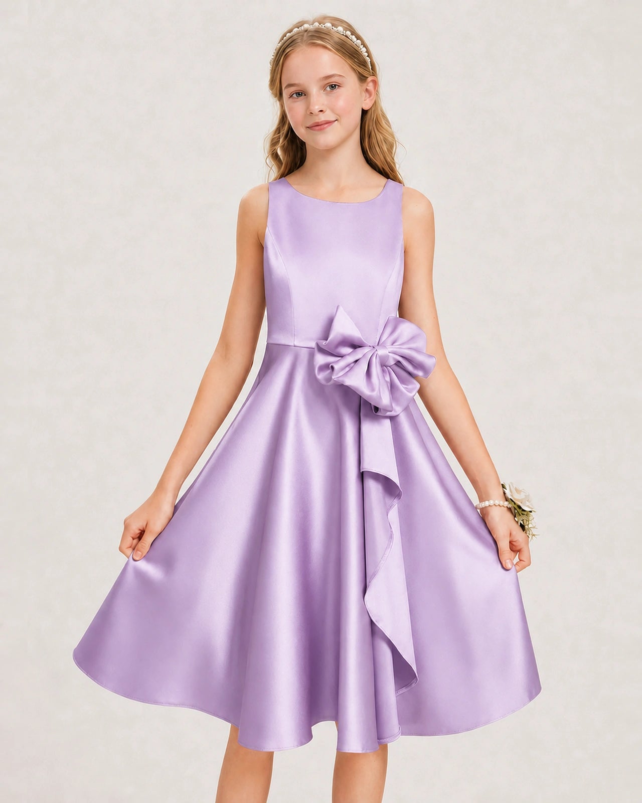 Lilac Satin Junior Bridesmaid Dress  Knee-Length A-Line Gown Detail View