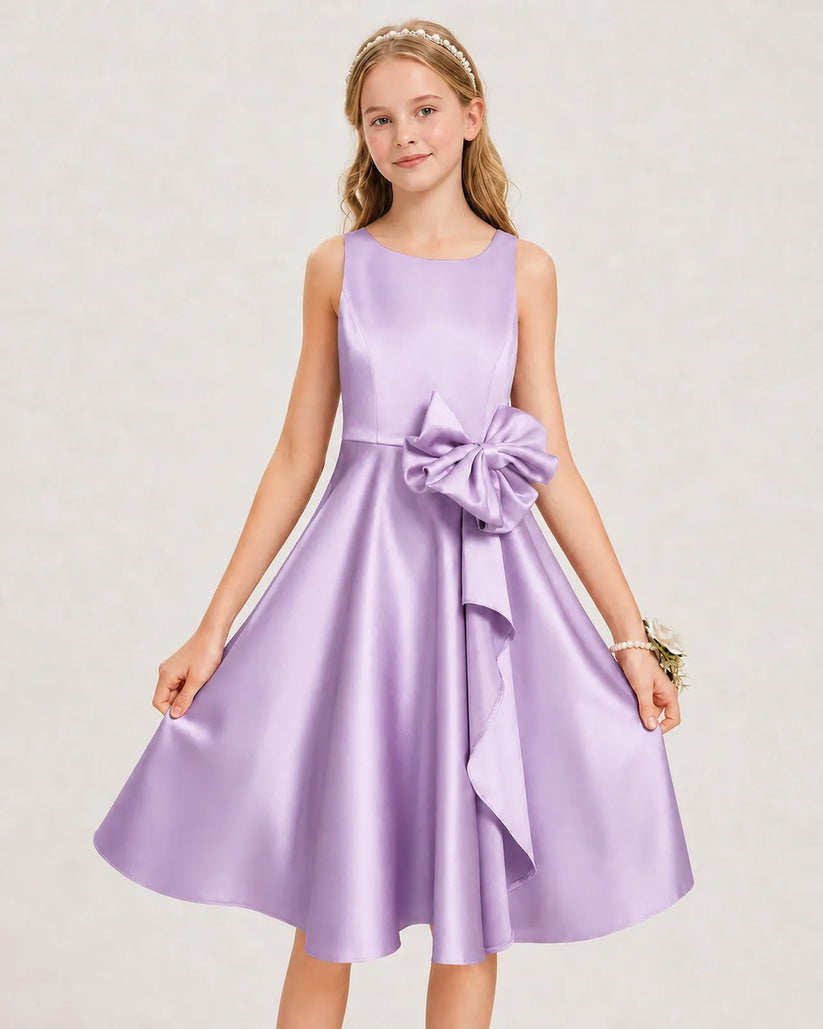 Lilac Satin A-line Junior Bridesmaid Dress Front View