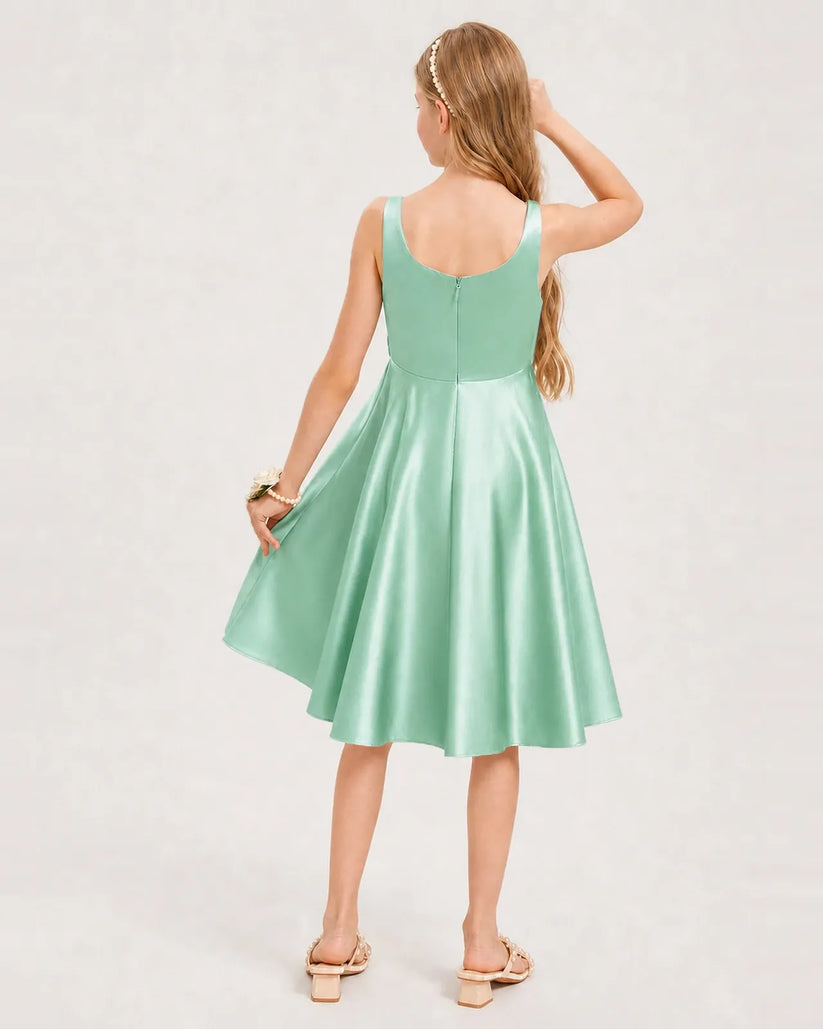 Mint Green Satin A-line Junior Bridesmaid Dress Back View