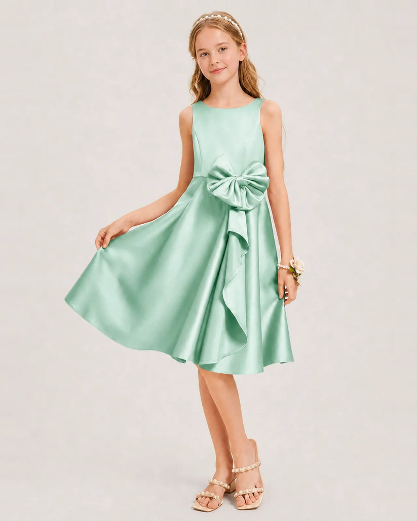 Mint Green Satin A-line Junior Bridesmaid Dress Front View