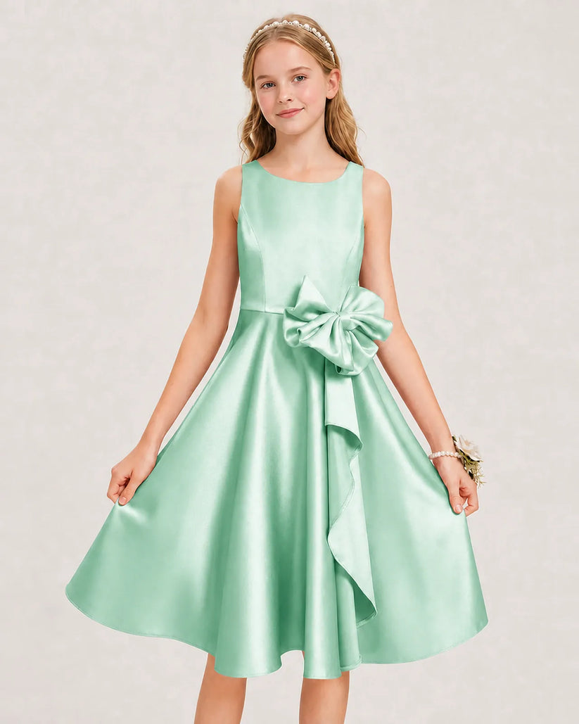 Mint Green Satin A-line Junior Bridesmaid Dress Front View