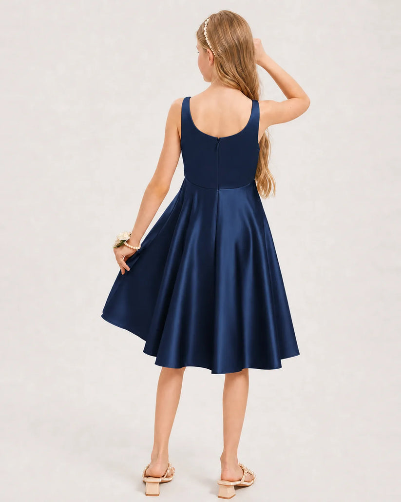 Navy Blue Satin A-line Junior Bridesmaid Dress Back View