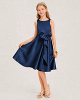 Navy Blue Satin A-line Junior Bridesmaid Dress Front View