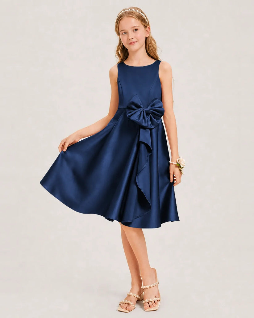 Navy Blue Satin A-line Junior Bridesmaid Dress Front View