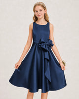 Navy Blue Satin A-line Junior Bridesmaid Dress Front View