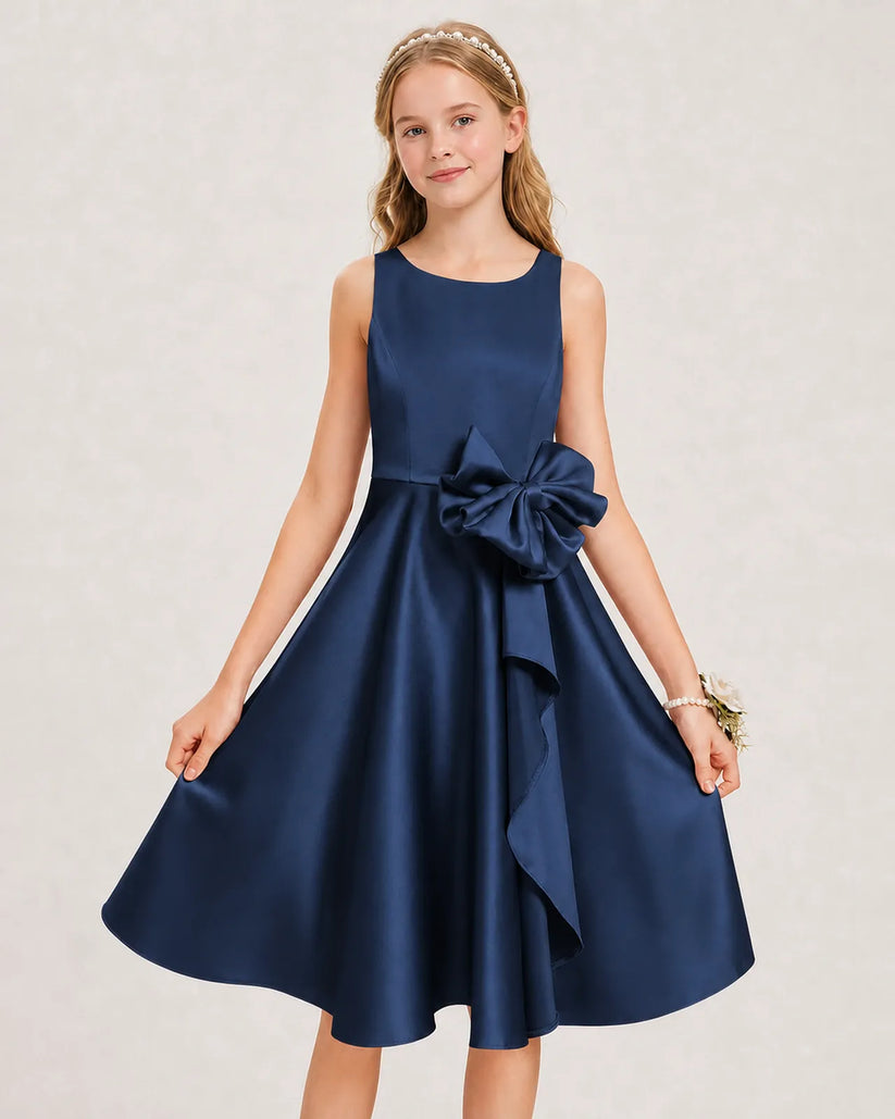 Navy Blue Satin A-line Junior Bridesmaid Dress Front View