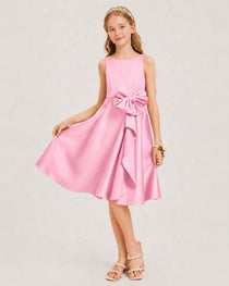 Pink Satin Junior Bridesmaid Dress  Knee-Length A-Line Gown Front View