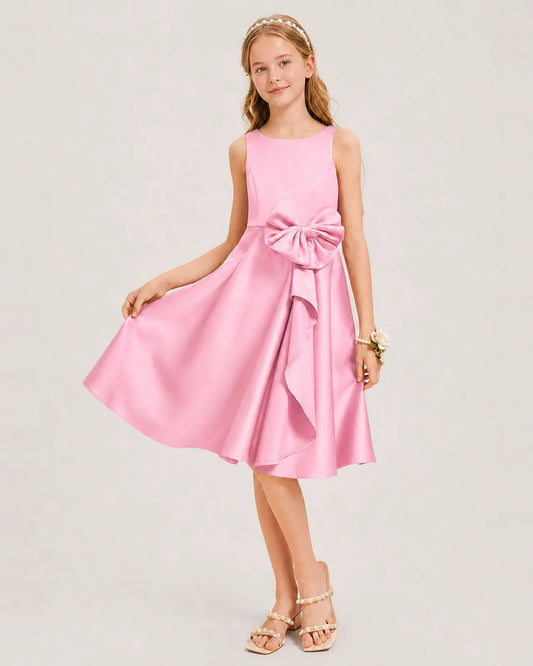 Pink Satin A-line Junior Bridesmaid Dress Front View