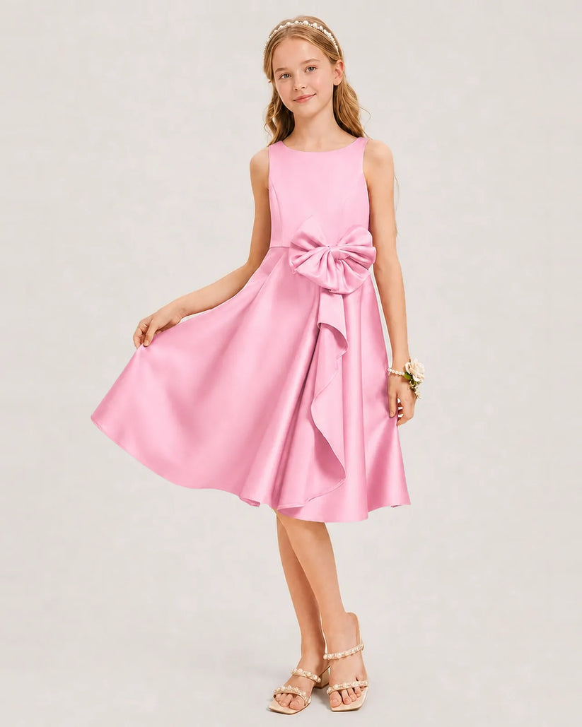 Pink Satin A-line Junior Bridesmaid Dress Front View