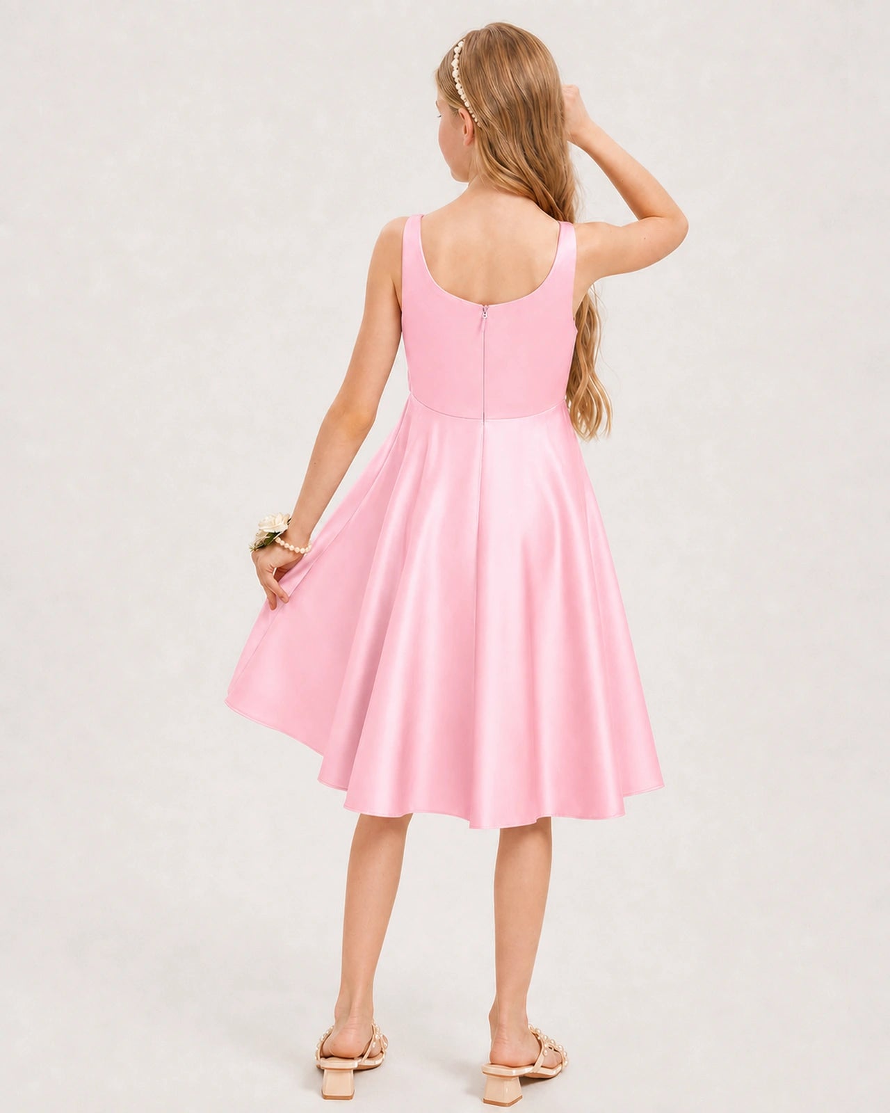 Pink Satin Junior Bridesmaid Dress  Knee-Length A-Line Gown Back View