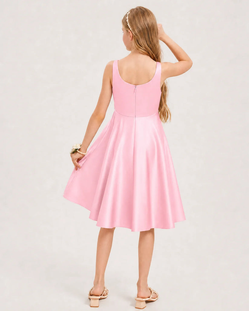 Pink Satin A-line Junior Bridesmaid Dress Back View