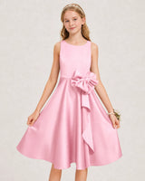 Pink Satin A-line Junior Bridesmaid Dress Front View