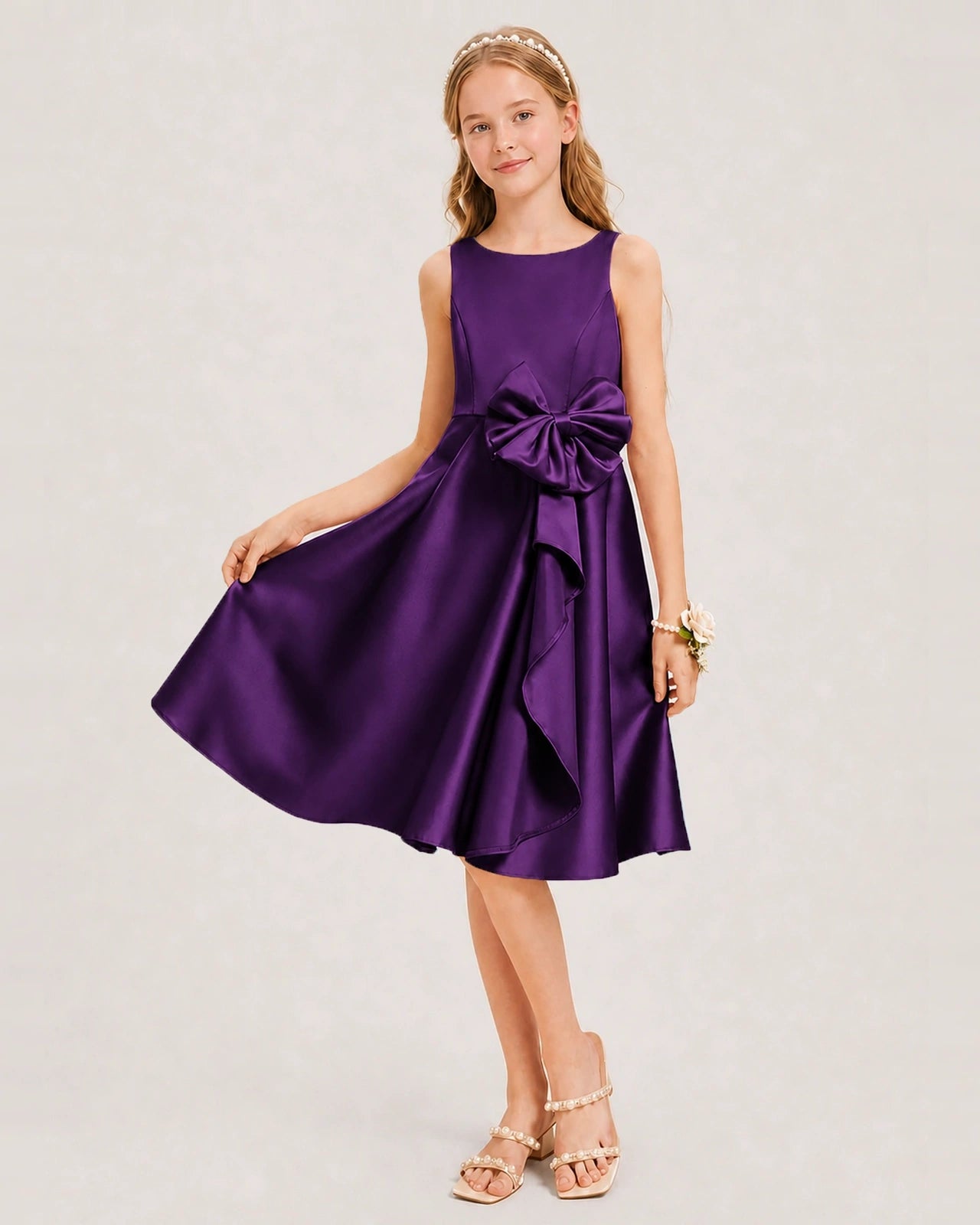 Purple Satin Junior Bridesmaid Dress  Knee-Length A-Line Gown Front View