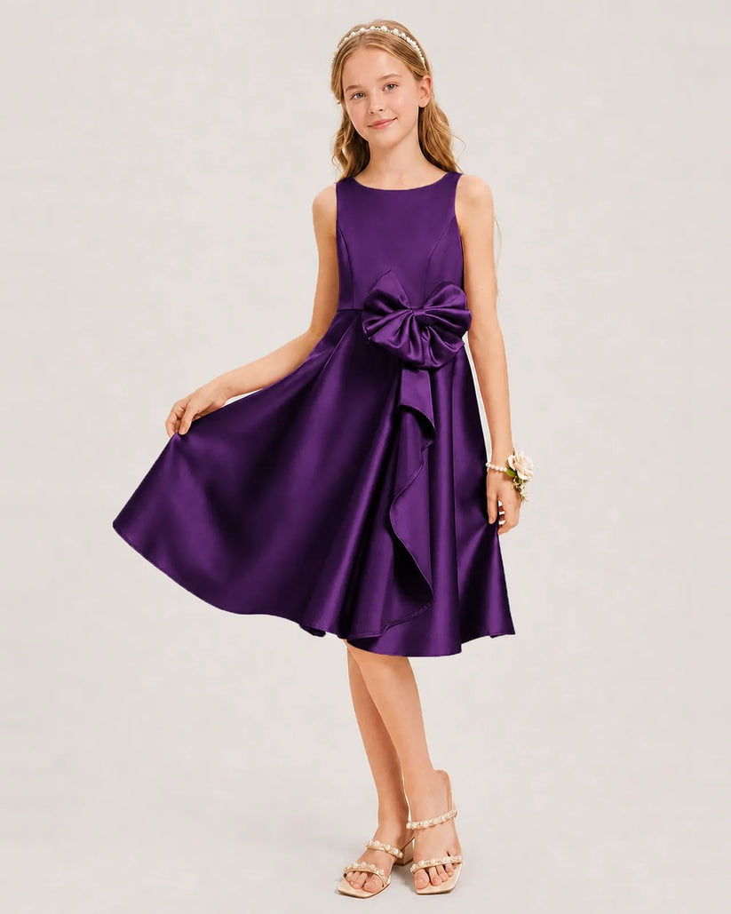 Purple Satin A-line Junior Bridesmaid Dress Front View