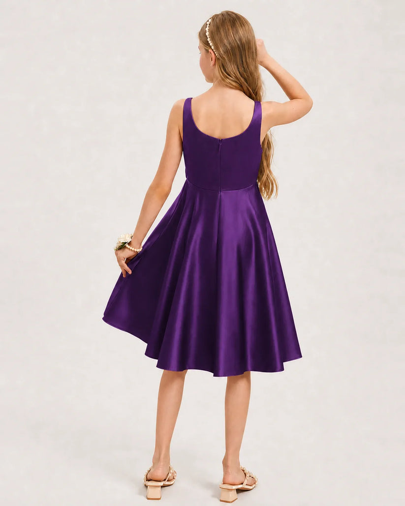 Purple Satin A-line Junior Bridesmaid Dress Back View