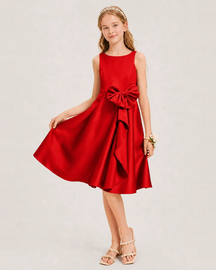 Red Satin A-line Junior Bridesmaid Dress Front View