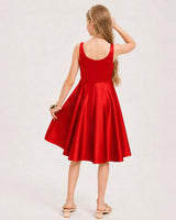 Red Satin A-line Junior Bridesmaid Dress Back View