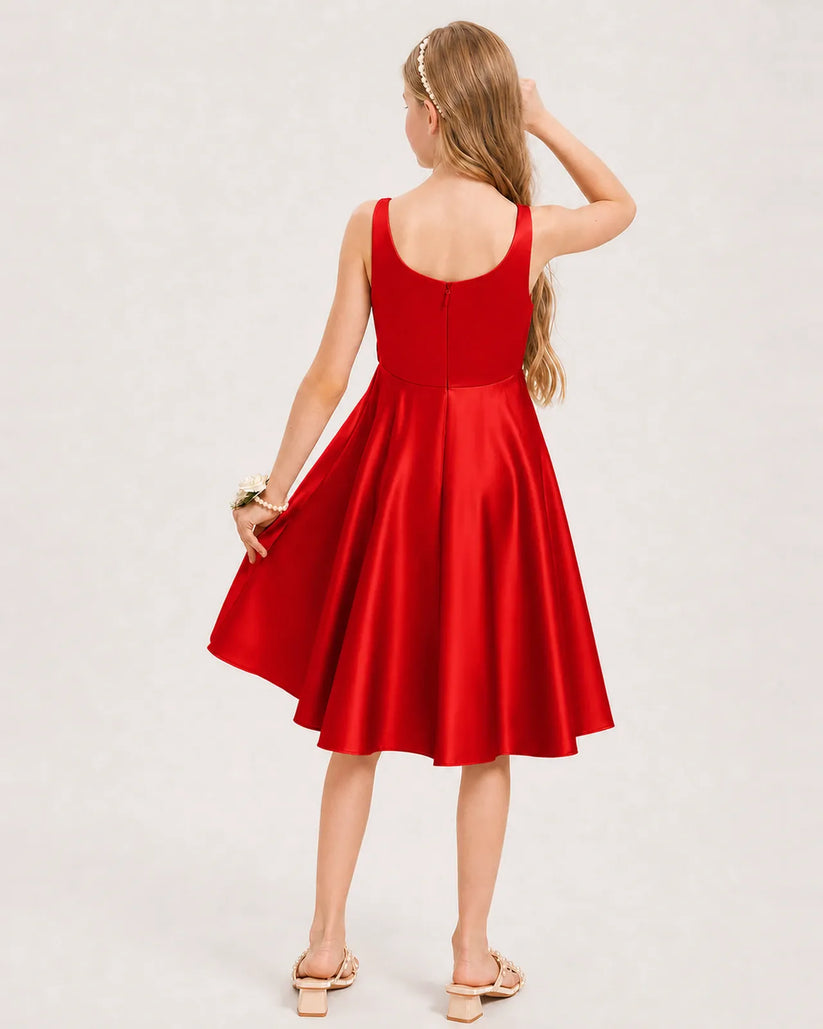 Red Satin A-line Junior Bridesmaid Dress Back View