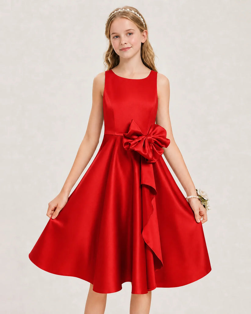 Red Satin A-line Junior Bridesmaid Dress Front View