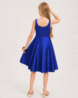 Royal Blue Satin A-line Junior Bridesmaid Dress Back View