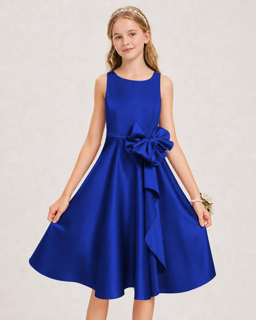 Royal Blue Satin A-line Junior Bridesmaid Dress Front View