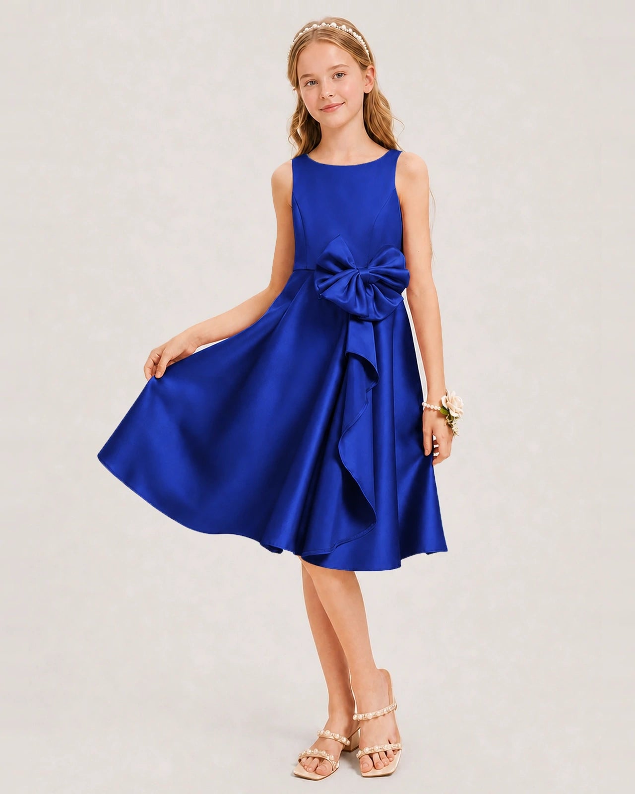 Royal Blue Satin Junior Bridesmaid Dress  Knee-Length A-Line Gown Front View