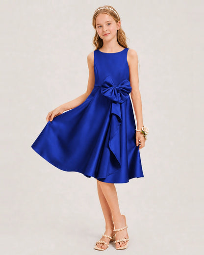 Royal Blue Satin Junior Bridesmaid Dress  Knee-Length A-Line Gown Front View
