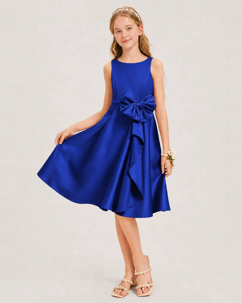 Royal Blue Satin A-line Junior Bridesmaid Dress Front View