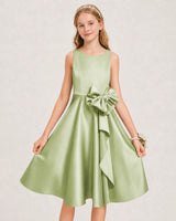 Sage Green Satin A-line Junior Bridesmaid Dress Front View
