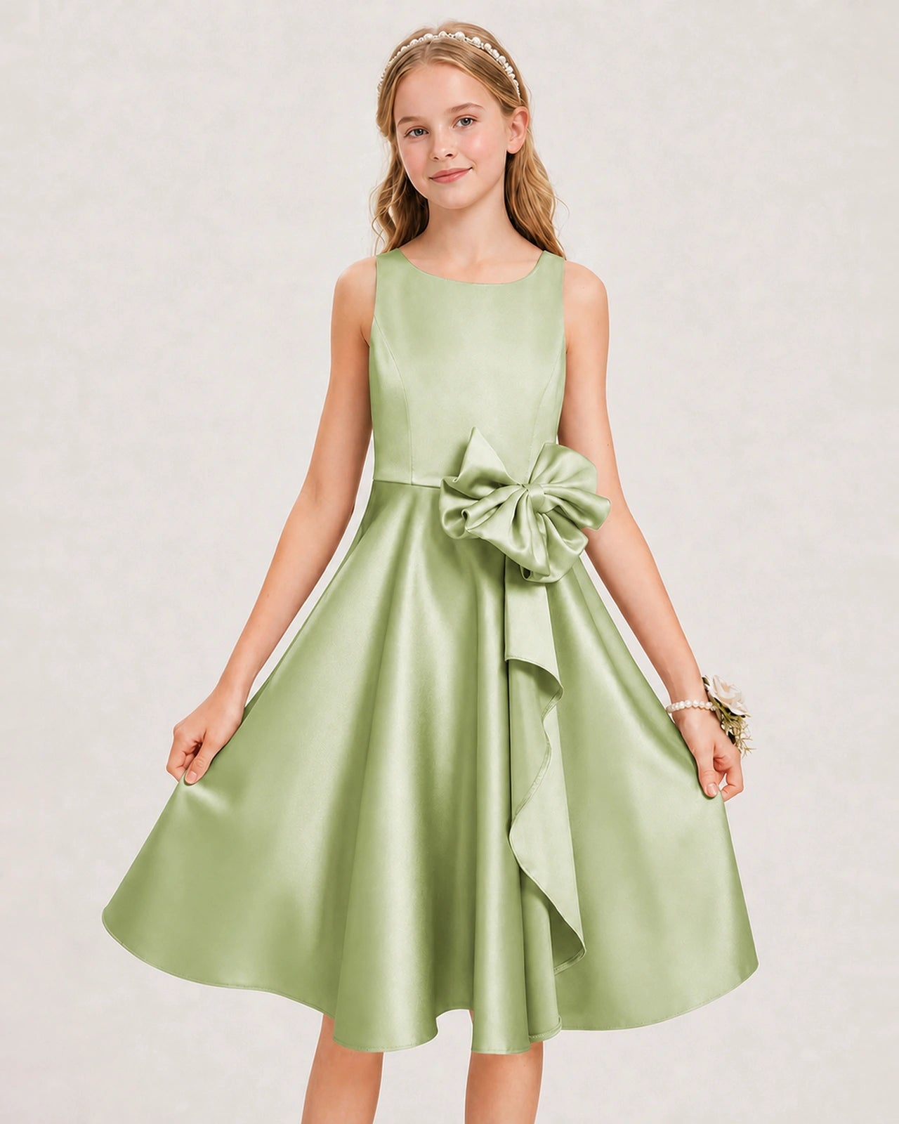 Sage Green Satin Junior Bridesmaid Dress  Knee-Length A-Line Gown Detail View