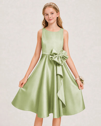 Sage Green Satin Junior Bridesmaid Dress  Knee-Length A-Line Gown Detail View