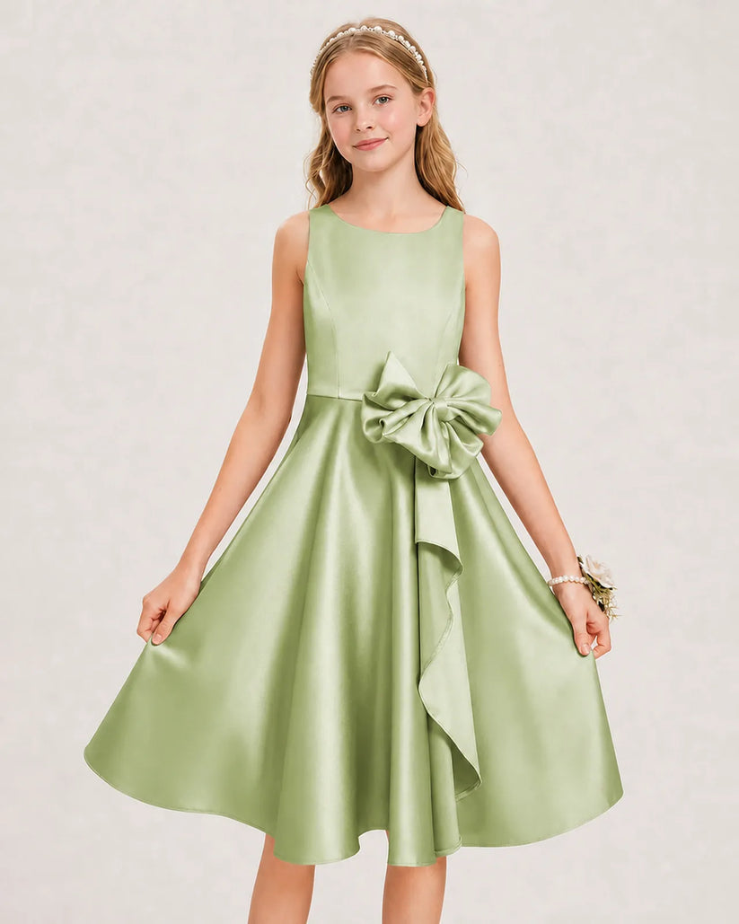 Sage Green Satin A-line Junior Bridesmaid Dress Front View