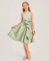 Sage Green Satin A-line Junior Bridesmaid Dress Front View