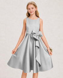 Silver Satin Junior Bridesmaid Dress  Knee-Length A-Line Gown Detail View