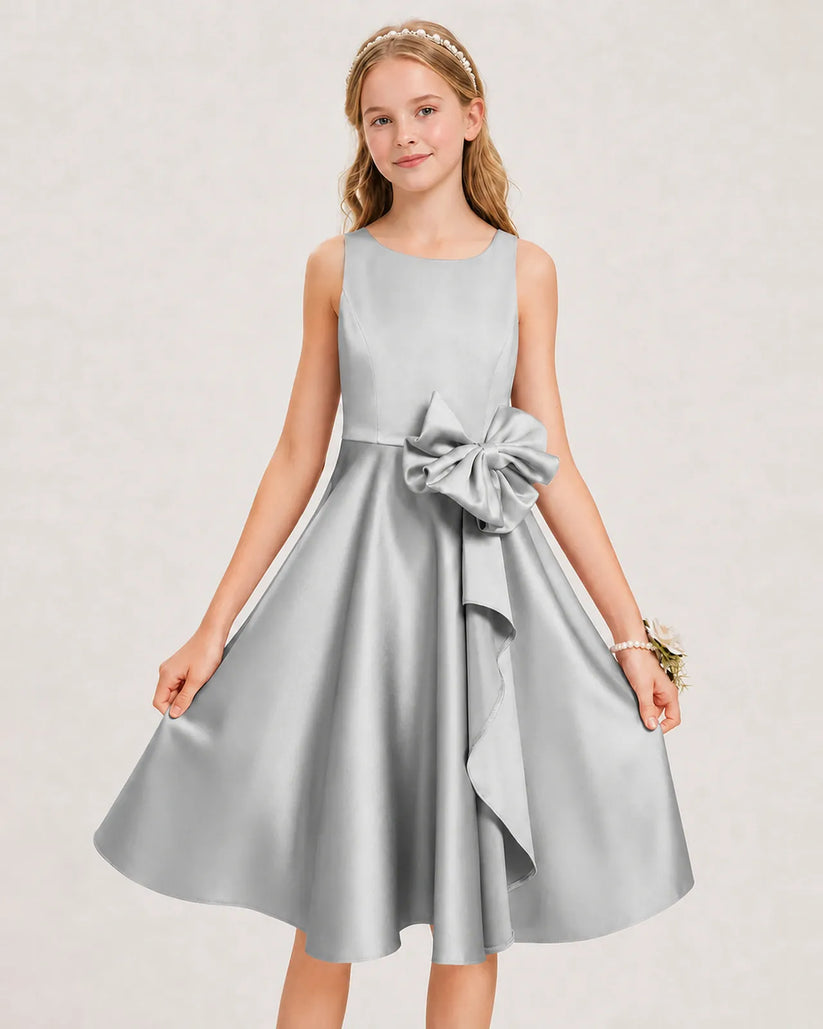 Silver Satin A-line Junior Bridesmaid Dress Front View