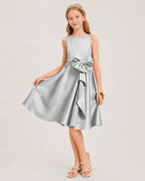 Silver Satin A-line Junior Bridesmaid Dress Front View