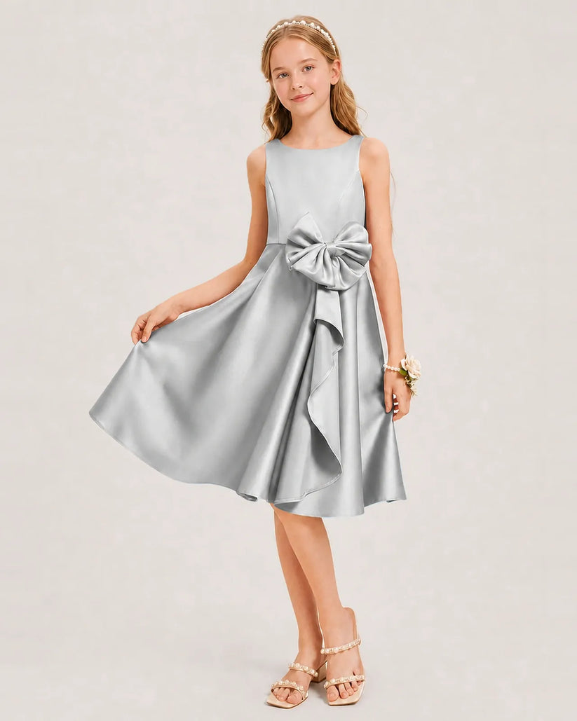 Silver Satin A-line Junior Bridesmaid Dress Front View