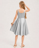 Silver Satin A-line Junior Bridesmaid Dress Back View