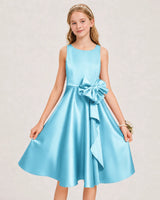 Sky Blue Satin A-line Junior Bridesmaid Dress Front View