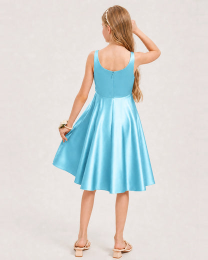 Sky Blue Satin Junior Bridesmaid Dress  Knee-Length A-Line Gown Back View