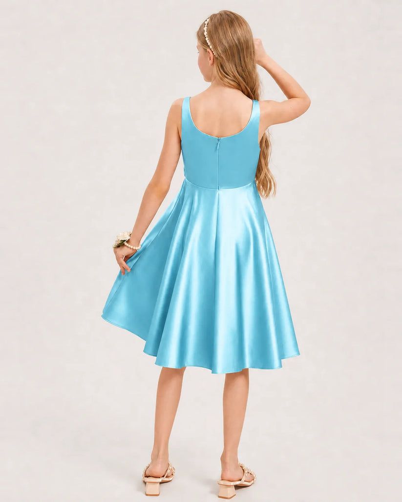 Sky Blue Satin A-line Junior Bridesmaid Dress Back View