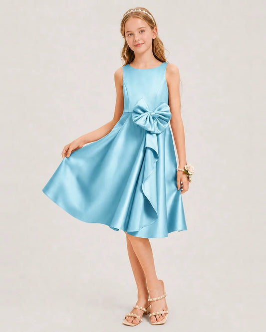 Sky Blue Satin A-line Junior Bridesmaid Dress Front View