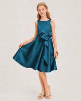 Teal Satin A-line Junior Bridesmaid Dress Front View