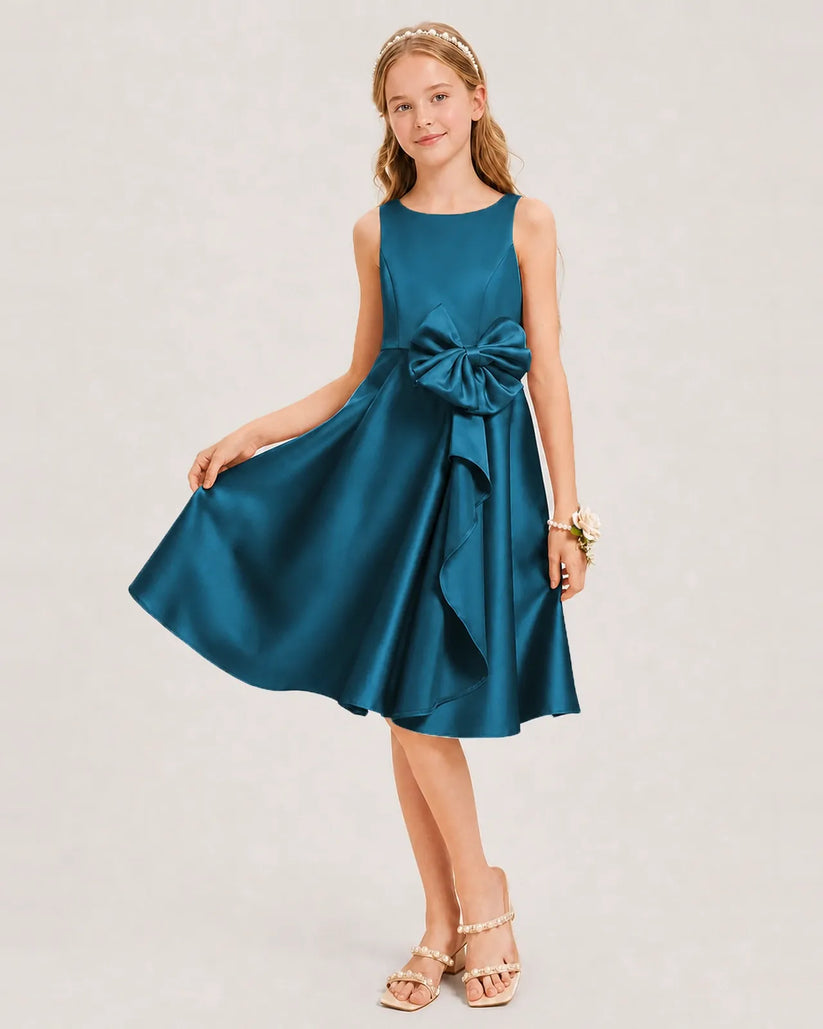 Teal Satin A-line Junior Bridesmaid Dress Front View