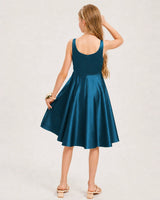 Teal Satin A-line Junior Bridesmaid Dress Back View